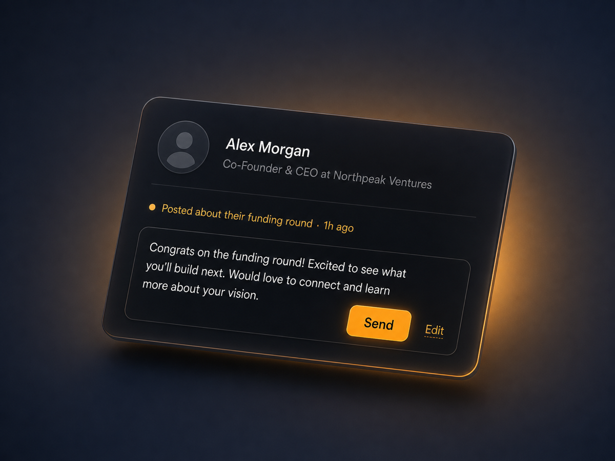 A suggestion card with a pre-drafted comment in your voice, ready to send or edit in one click.